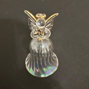 Vintage Iridescent Glass Angel Bell Christmas Ornament W/Gold Accents